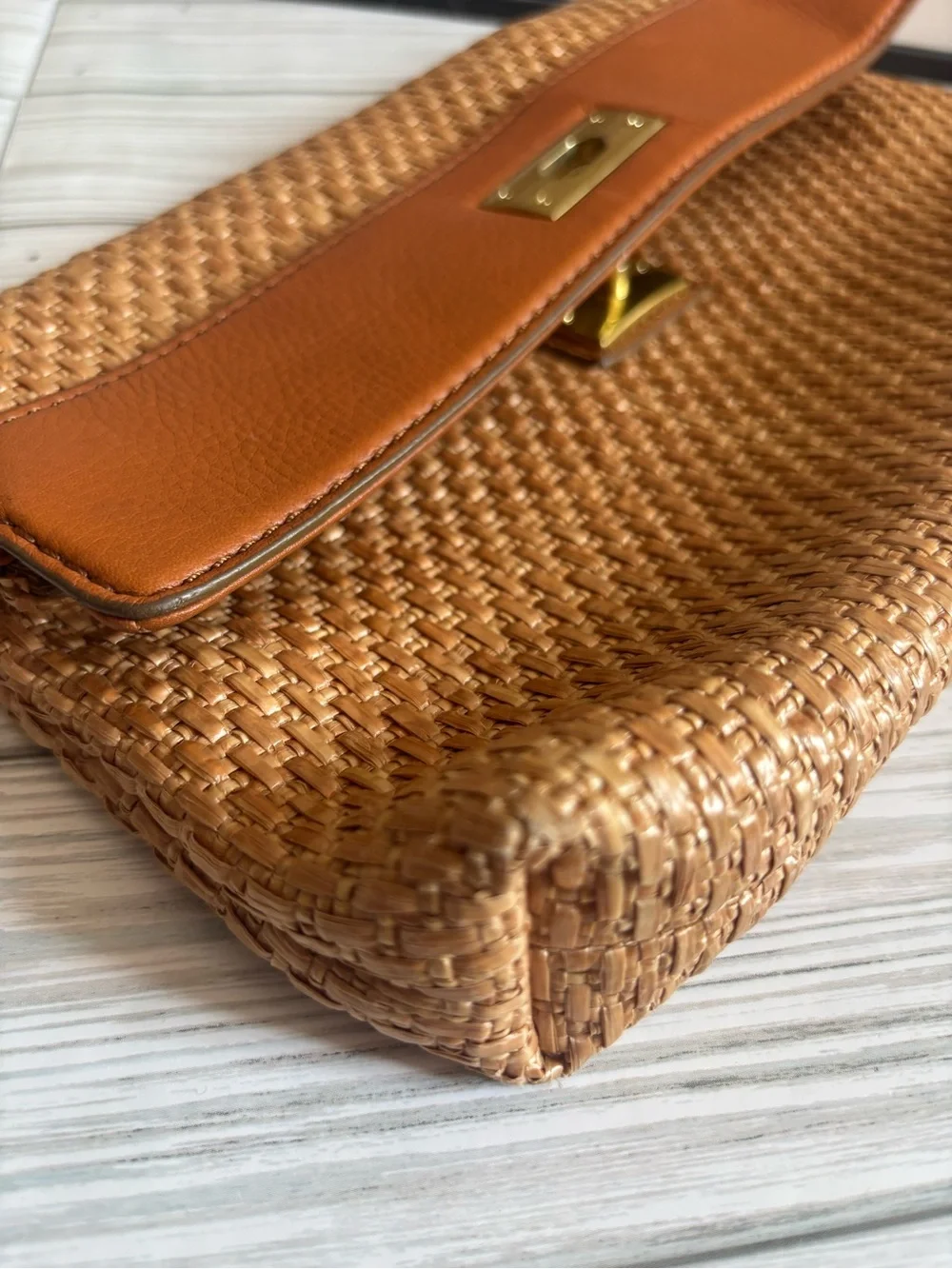 J. Crew Woven Straw Clutch with Tan Leather Trim and Turnlock Closure